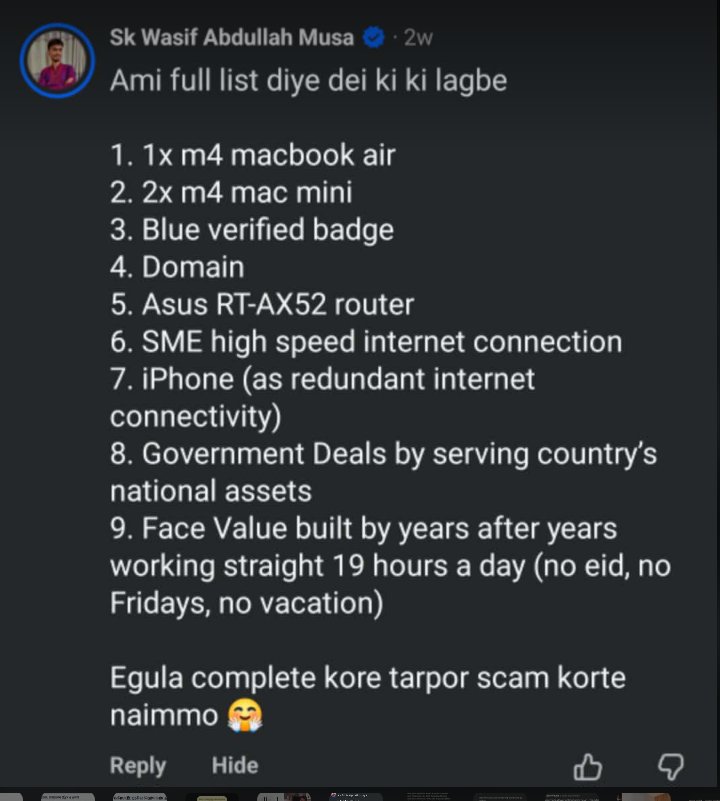 Facebook post by Wasif listing MacBook Air, Mac Minis, Blue badge, router, iPhone as requirements for his AI data center